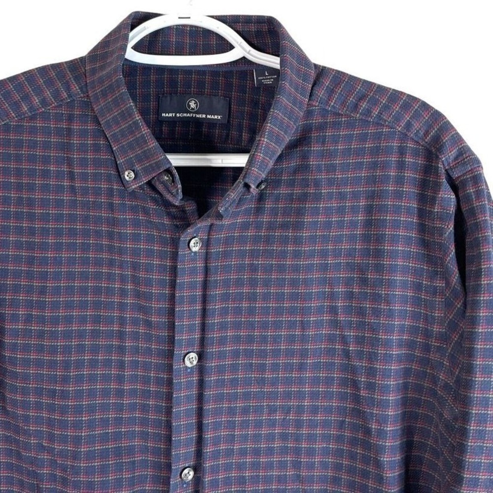 Hart Schaffner Marx Button Down Shirt Mens‎ L Navy Blue Plaid Cotton L/S